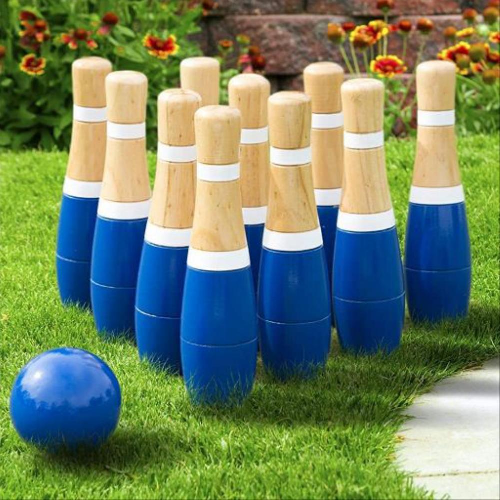 Juego de boliche de madera con botellas de lanzamiento para jardín al aire libre para la familia, juego de bolos con bolsa de transporte (Altura 26 cm, 10 bolos 3 bolas