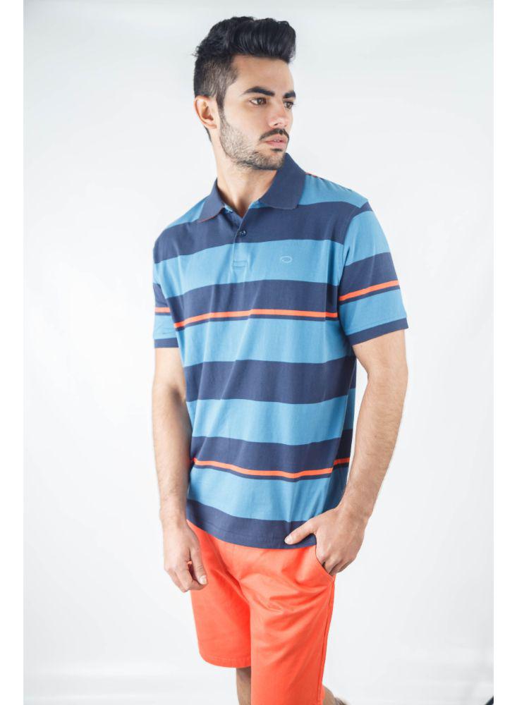 Camisa Polo Manga Corta Azul Con Franjas img #3