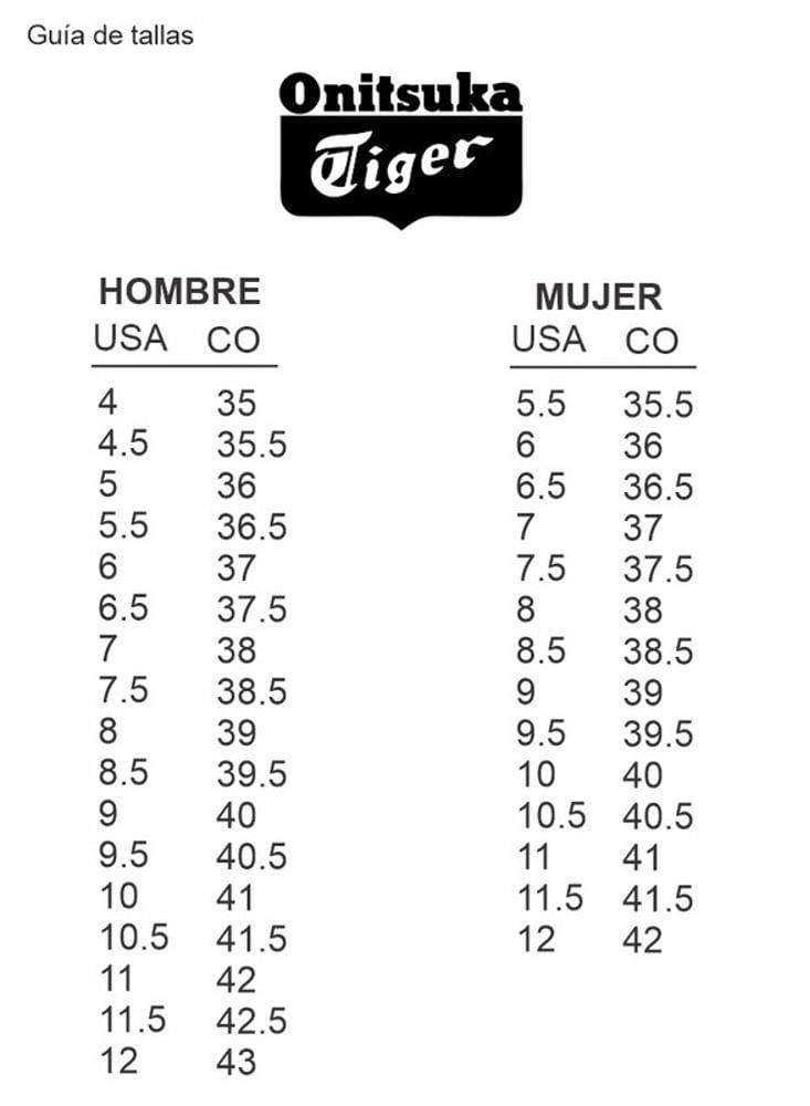 Tiger shoes cheap size chart